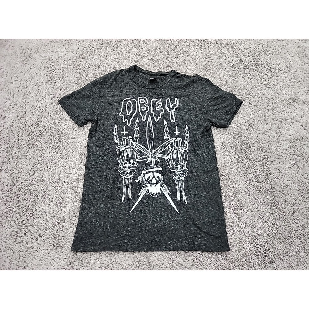 Obey T Shirt Mens M Charcoal Gray Slub Skull Bone Weed Leaf Rock Made in USA